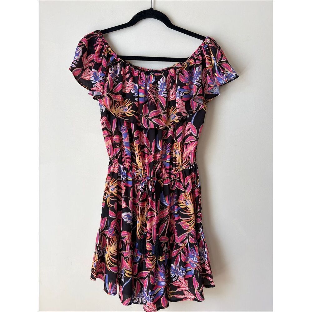 Off-Shoulder Tropical Print Romper in Black with Pink & Orange Florals